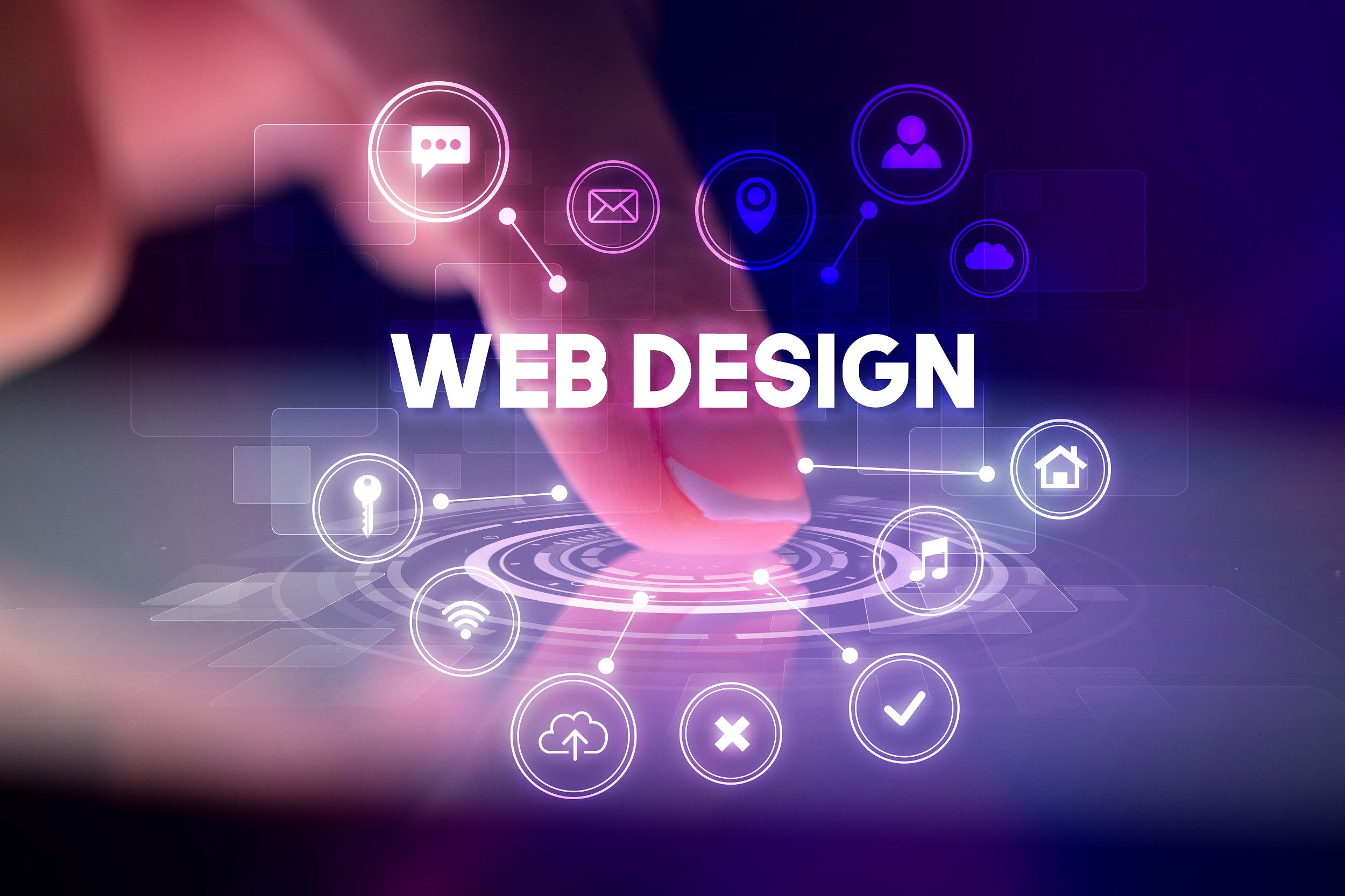 Finger touching tablet with web technology icons and WEB DESIGN inscription, web technology concept